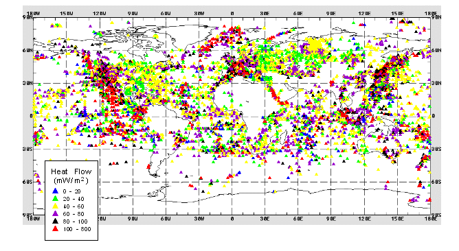 Map of spatial distribution of heat flow measurement points