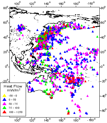 Map of spatial distribution of heat flow measurement points