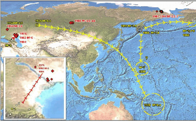 Карта-схема, пример пересмотра ранее имевшихся данных о землетрясениях