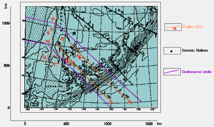 Map of location of Deep Seismic Sounding 
profiles at the geotraverse region